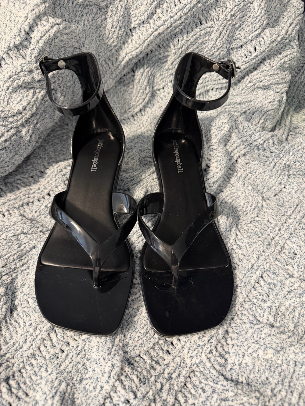 Jeffrey Campbell Black Patent Square-Toe Thong Ankle-Strap Sandals